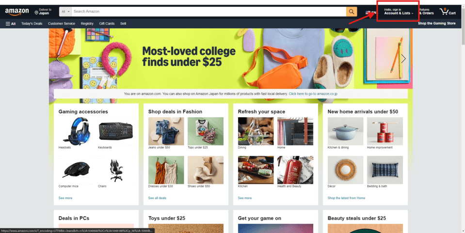 amazon.com (amazonアメリカ) トップ画面